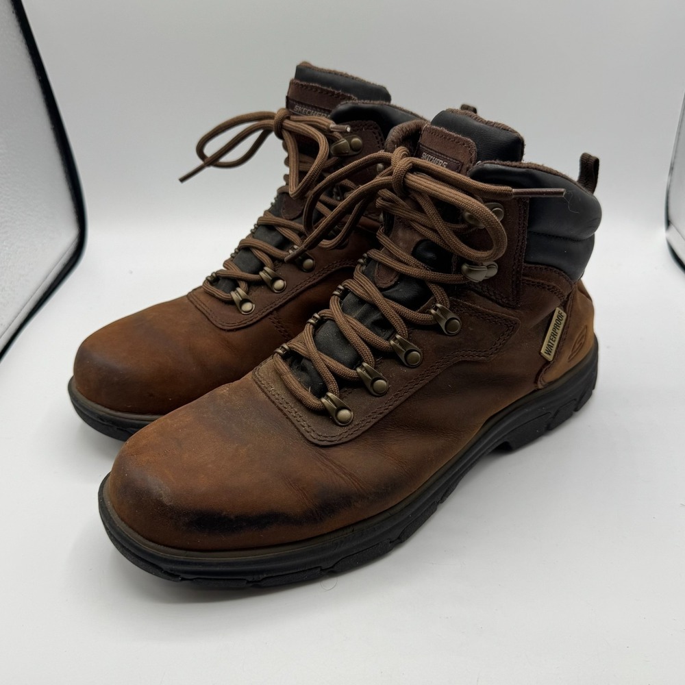 Skechers Waterproof Hiking Work Boots Men Size 9.5 Brown Leather Outdoor Relaxed